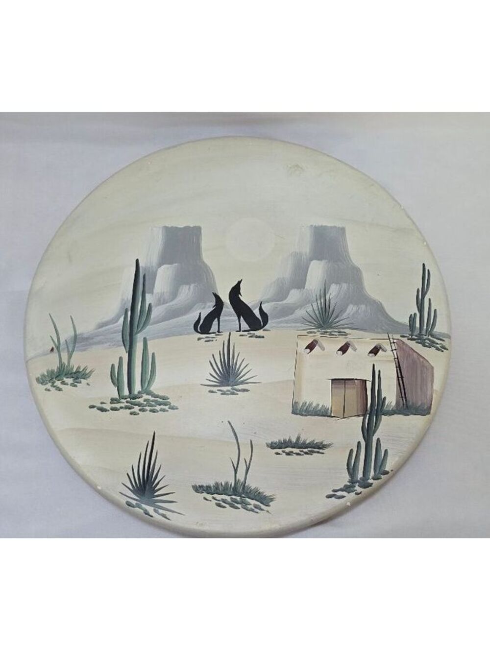 Vintage Hand Painted Southwestern Desert Coyote Adobe Wall Plaque 15" Round